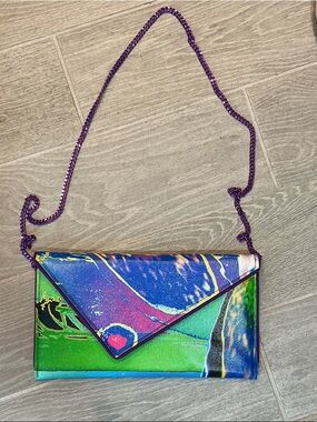 Kent Stetson Calypso Vibrant Multicolor Envelope Clutch with Purple Chain Strap
